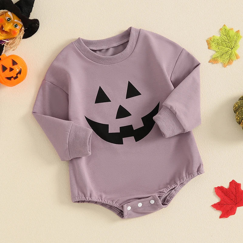 Baby Girls Boys Halloween Romper Casual Pumpkin Jack O Lantern Face Print Round Neck Long Sleeve Jumpsuit