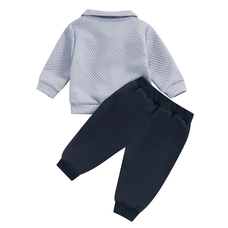 Baby Toddler Boys 2Pcs Autumn Outfit Set Long Sleeve Lapel Half Zip Up Pullover Solid Color Pants Set