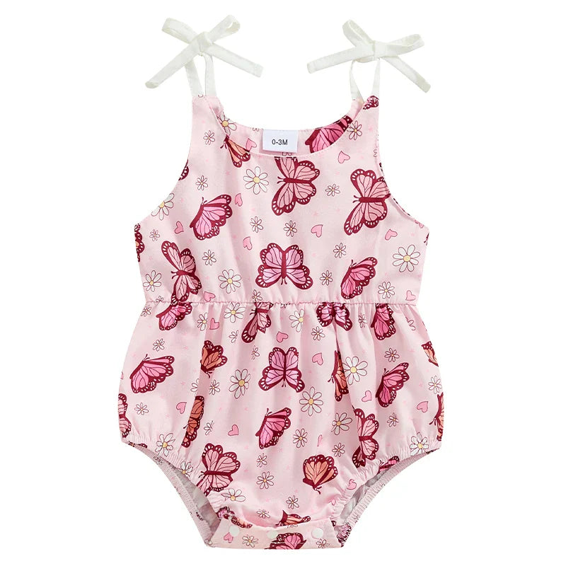 Baby Girls Summer Romper Flower/Butterfly Print Bow Tie Strap Tank Top Sleeveless Round Neck Jumpsuit