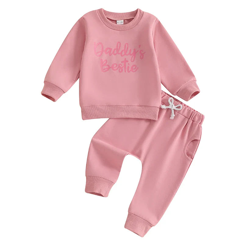 Baby Toddler Girls 2Pcs Daddy's Bestie Outfit Letter Print Long Sleeve Crewneck Top with Solid Pants Jogger Set