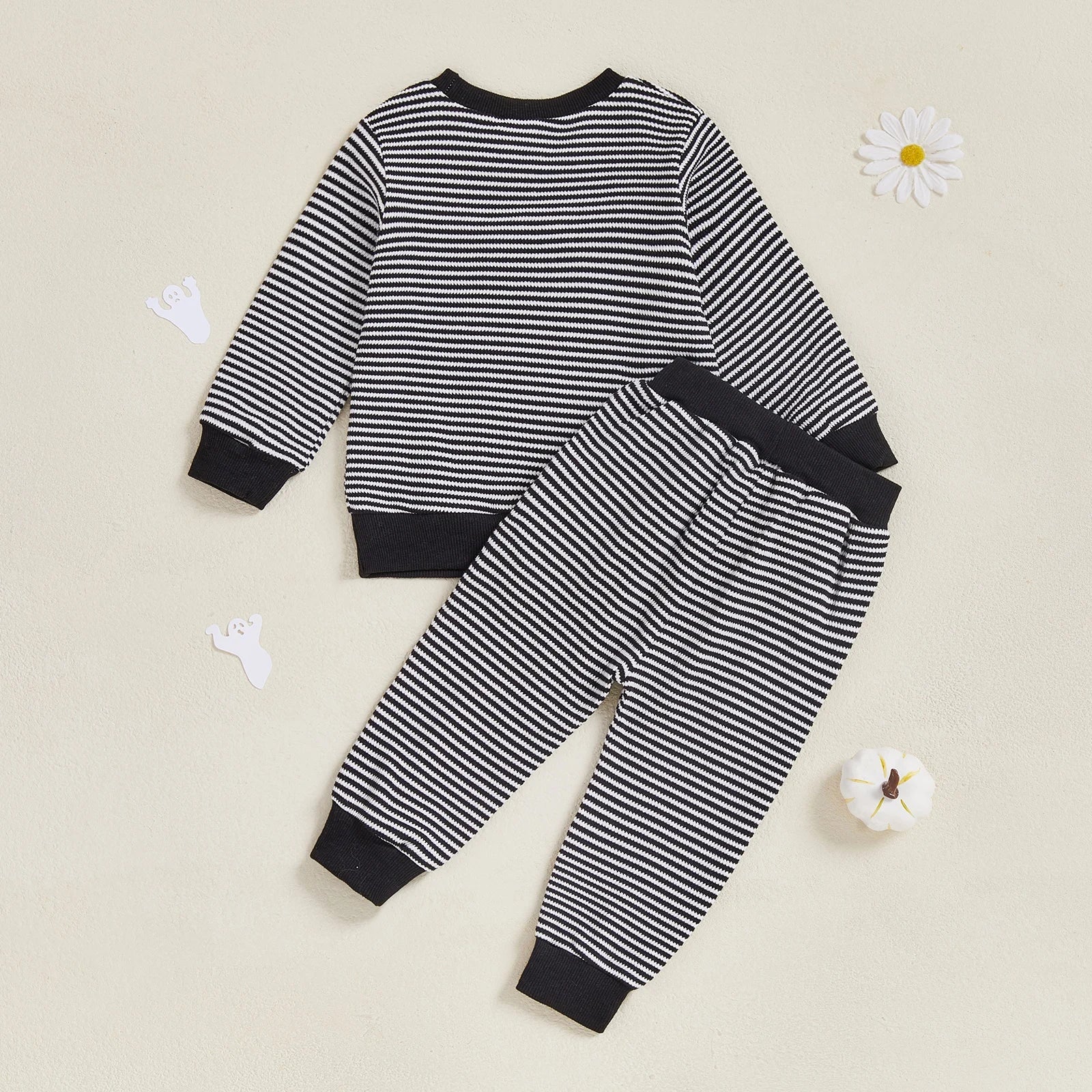 Baby Toddler Boys 2Pcs Halloween Outfit Ghost Embroidery Striped Long Sleeve Top and Elastic Pants Clothes Set