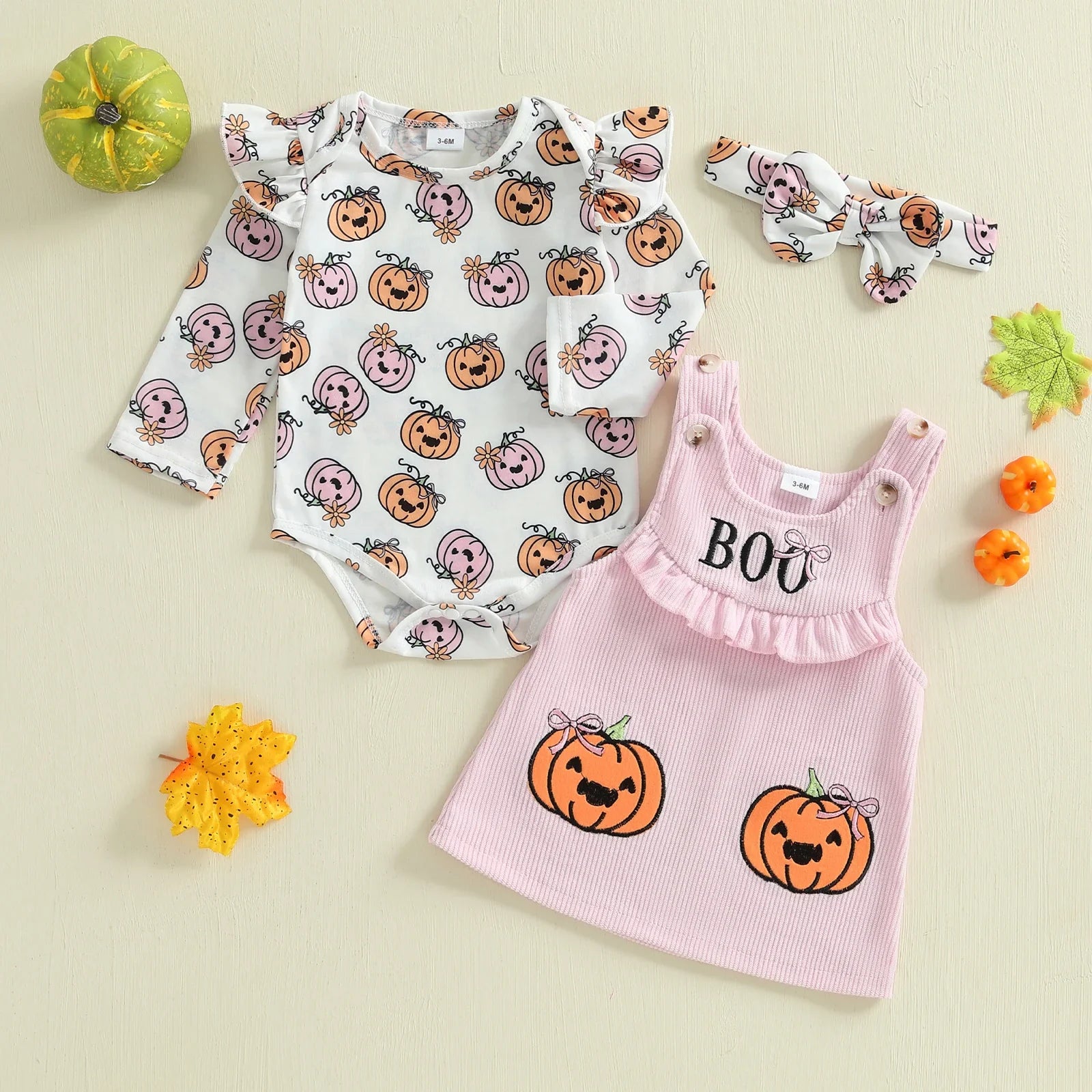 Baby Girls 3Pcs Halloween Outfit Pumpkin Print Long Sleeves Romper and Overall Tank Dress Bow Headband Set