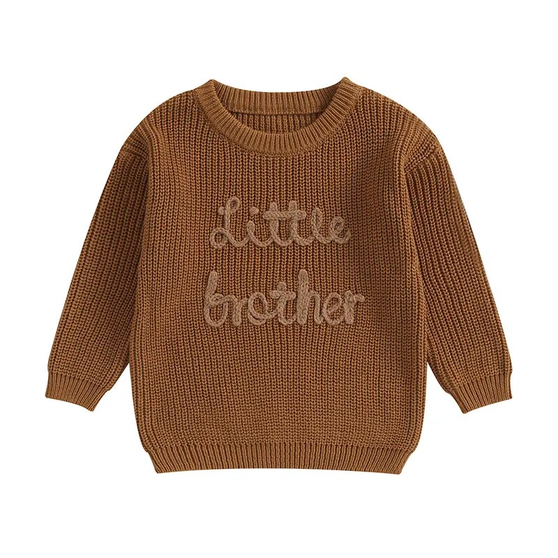 Baby Boys Sweater Letter Embroidery Little Brother Crew Neck Long Sleeve Pullover Top