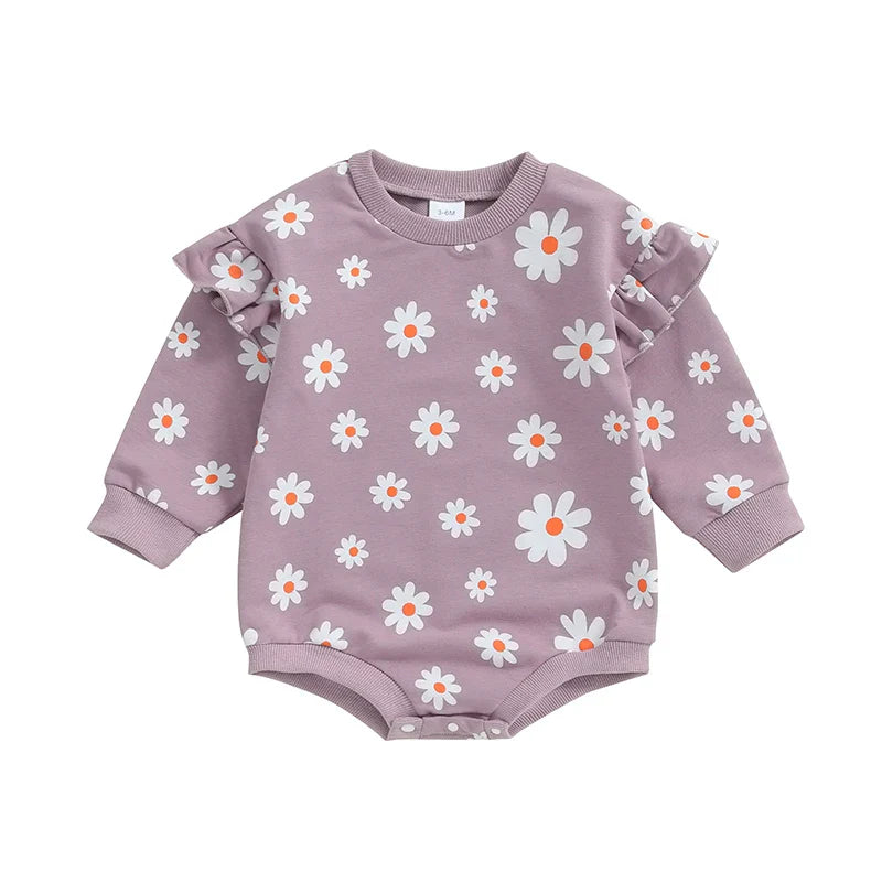 Baby Girl Bubble Romper Flower Daisy Print Round Neck Long Sleeve Jumpsuit