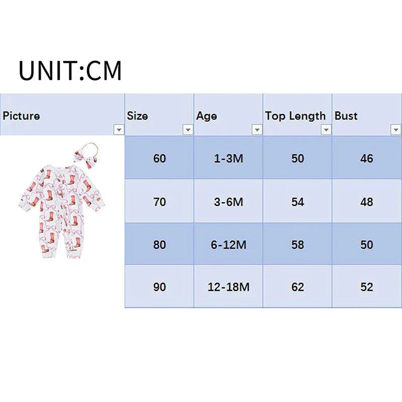 Baby Girl 2Pcs Fall Jumpsuit Ruffled Zip Up Boots Ribbons Print Long Sleeve Round Neck Zipper Romper Bow Headband Set
