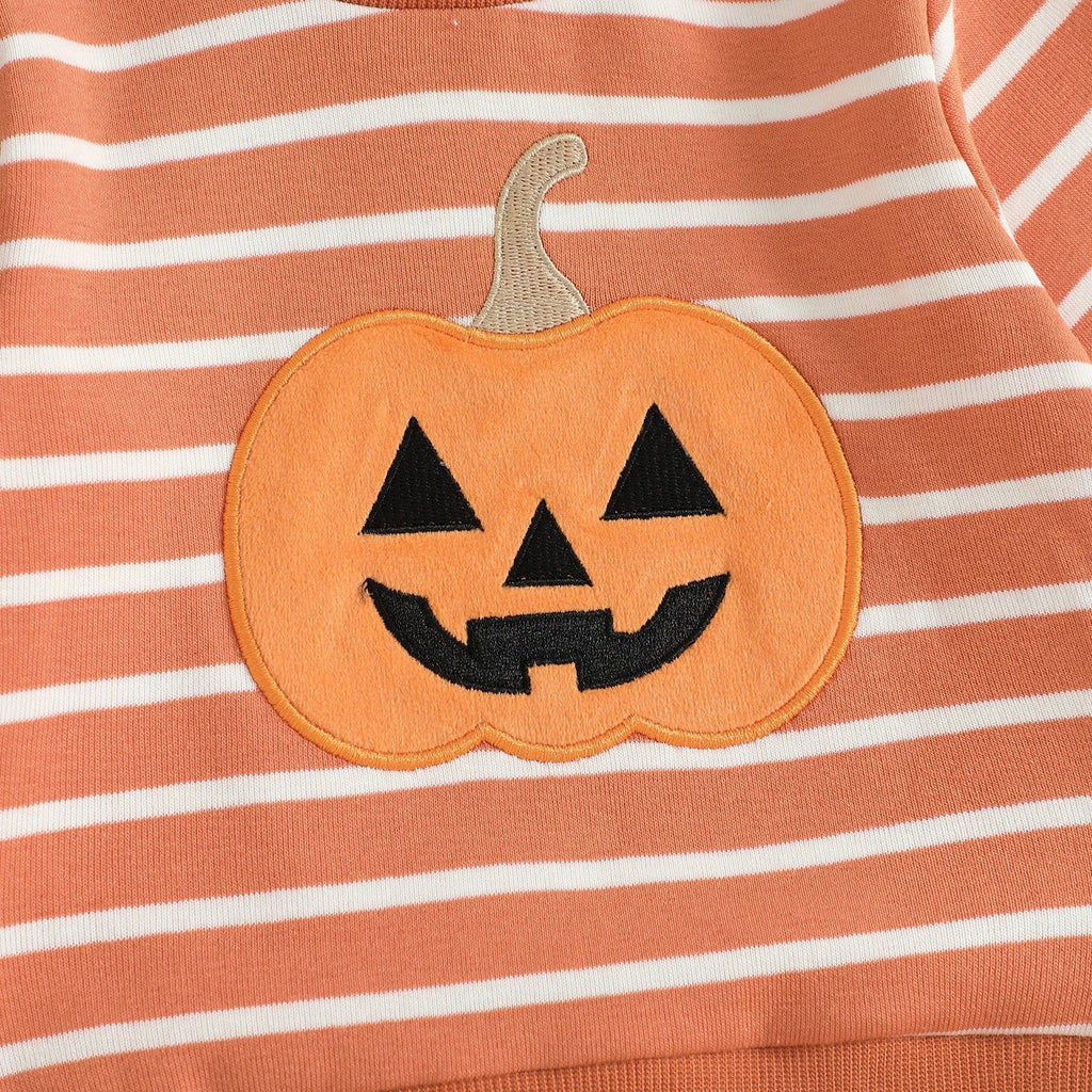 Baby Toddler Boys 2Pcs Halloween Outfit Stripe Pumpkin Embroidery Long Sleeve Top and Long Jogger Pants Clothes Set