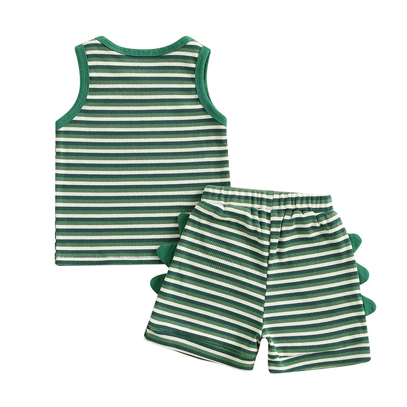 Baby Toddler Boys 2Pcs Striped Dinosaur Outfit O-Neck Sleeveless Tank Top Elastic Waist Shorts with Pockets Set