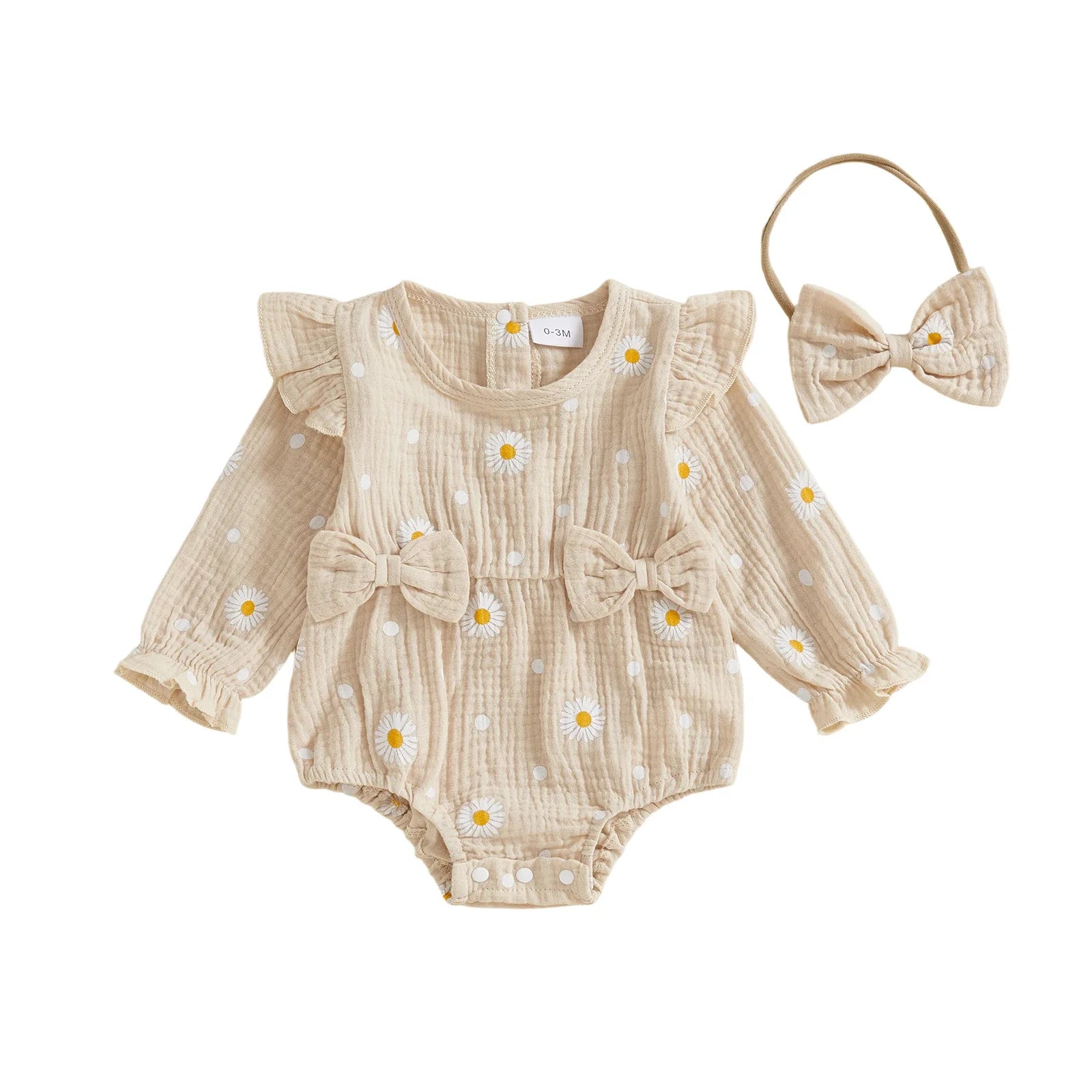 Baby Girl Fall Bubble Romper Daisy Print Long Sleeve Round Neck Bow Jumpsuit with Headband