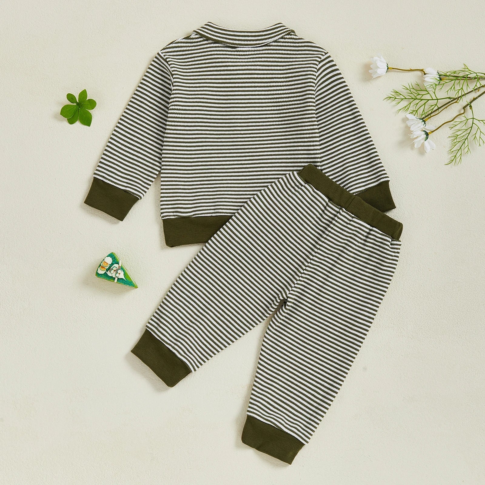 Baby Toddler Boys 2Pcs Long Sleeve Embroidery Duck Top with Striped Pants Infant Clothes Set