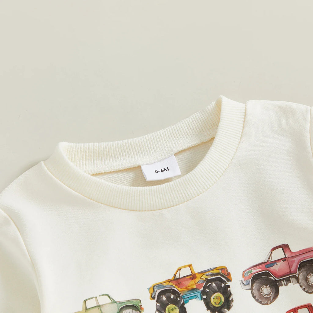 Baby Toddler Boys 2Pcs Fall Outfits Retro Truck Print Long Sleeve Sweatshirts and Long Pants Jogger Set