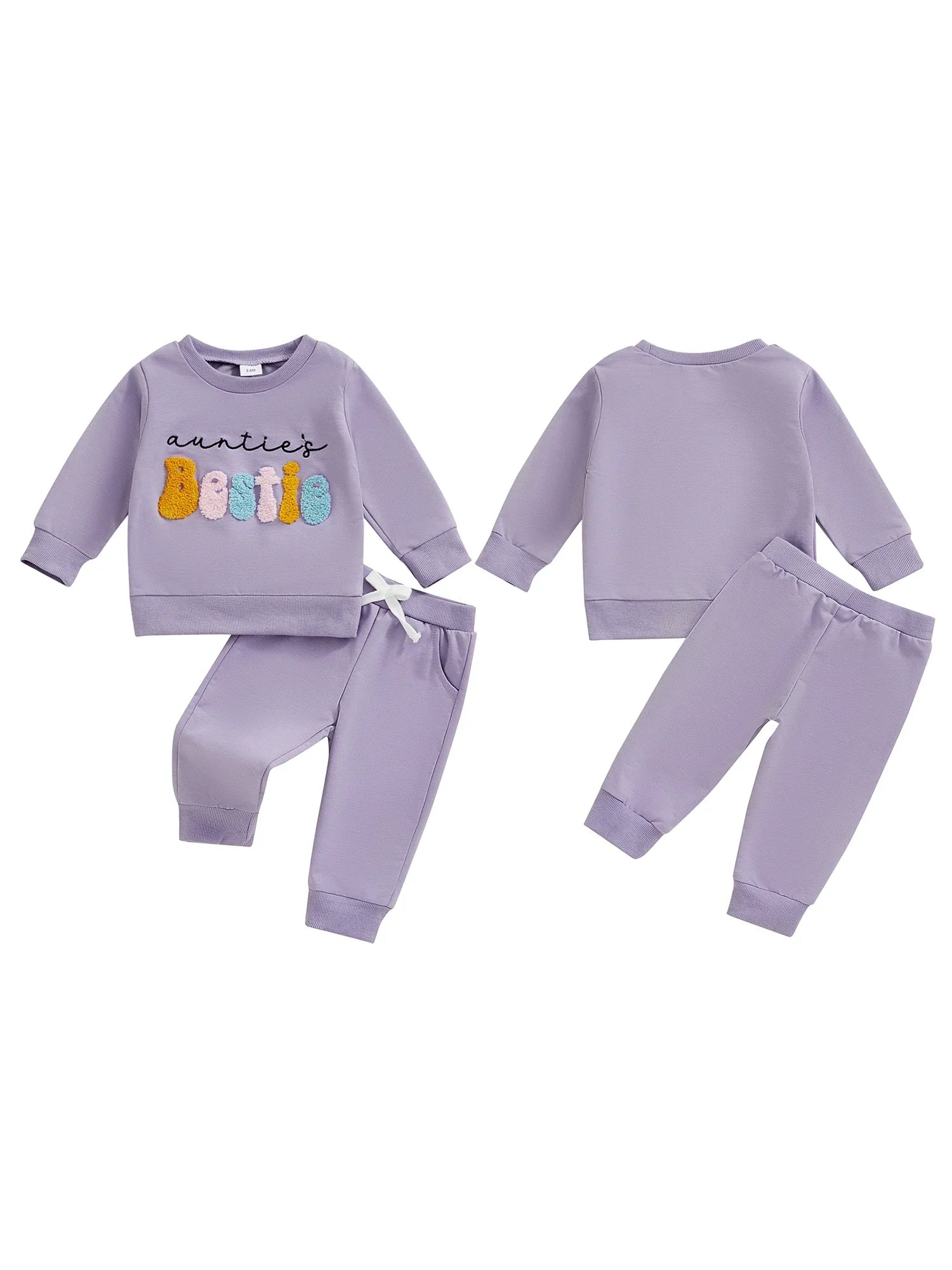 Baby Toddler Girls 2Pcs Auntie's Bestie Outfit Long Sleeve Crew Neck Embroidery Letter Top with Elastic Waist Pants Clothes Jogger Set