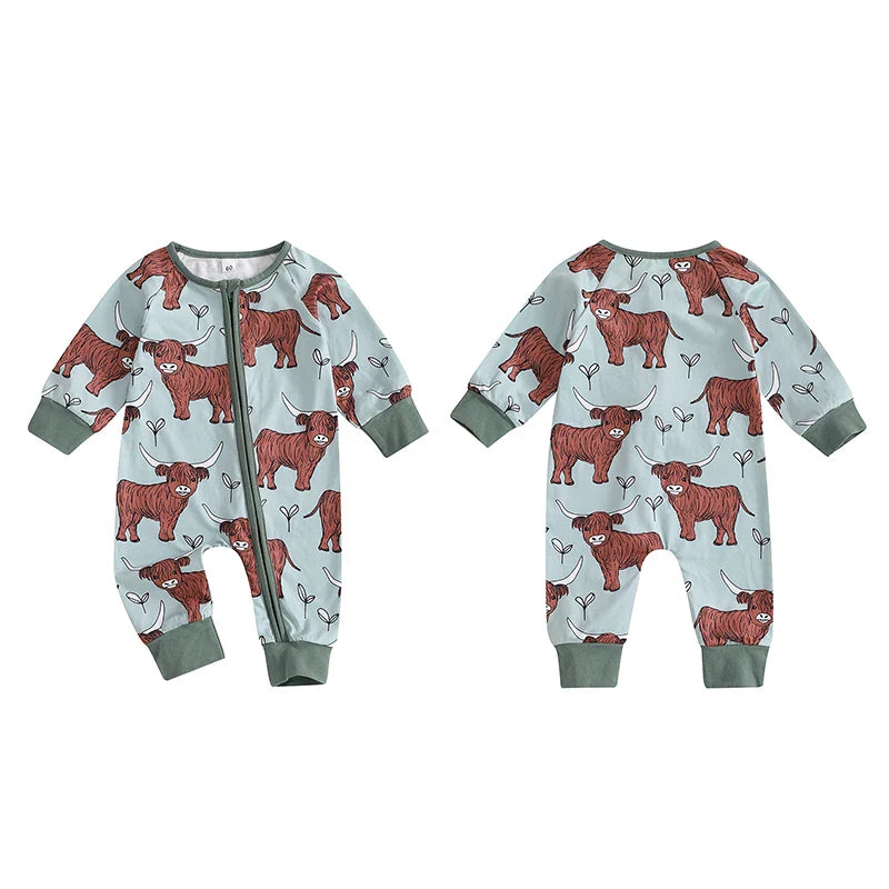 Baby Girls Boys Highland Cow Romper Print Long Sleeve Zipper Jumpsuit Fall Bodysuit