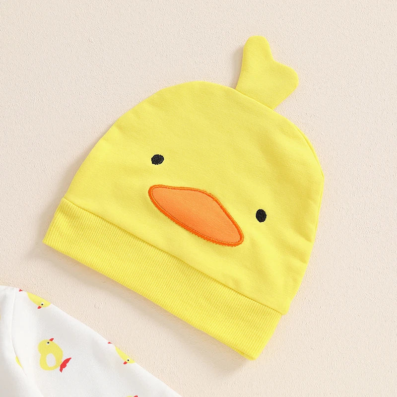 Baby Boys Girls 2Pcs Duck Outfit Long Sleeve Full Length Footed Jumpsuit Romper Duck Hat Set