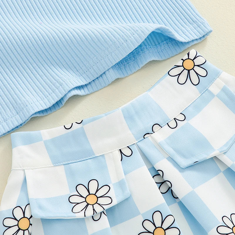 Toddler Kids Girls 2Pcs Summer Outfit Mesh Flower Sleeve Ribbed Top Floral Checker Print Skirt Set