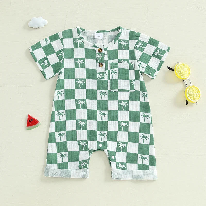 Baby Boy Romper Summer Short Sleeve Round Neck Checkered Tree Print Jumpsuit Playsuit