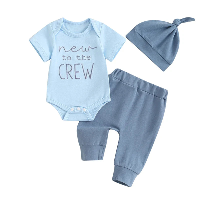 Baby Boy 3Pcs New To The Crew Outfit Letter Short Sleeve Romper with Solid Color Pants and Hat Set