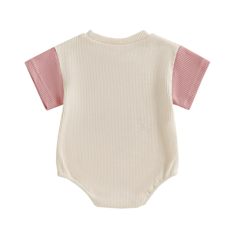 Baby Girl Auntie's Bestie Romper Contrast Color Letter Embroidery Waffle Crew Neck Short Sleeve Jumpsuit