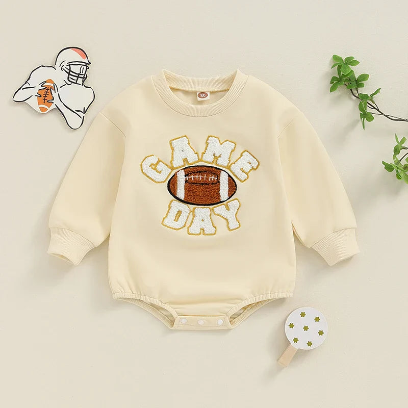 Baby Boys Girls Game Day Fall Bodysuit Letter Football Embroidery Long Sleeve Round Neck Jumpsuit Romper
