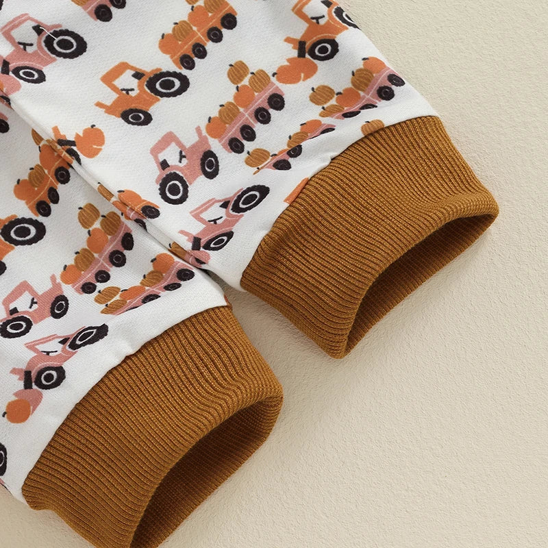 Baby Toddler Boys 2Pcs Halloween Outfit Pumpkin Trailer Tractor Print Long Sleeve Top and Long Pants Fall Set
