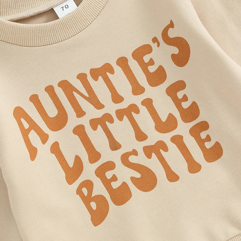Baby Toddler Boys Girls 2Pcs Clothes Set Letter Auntie's Little Bestie Print Long Sleeve Pullover Top Jogger Pant Outfit