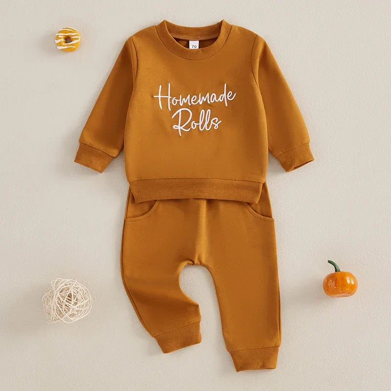 Baby Toddler Girl Boy 2Pcs Homemade Rolls Fall Thanksgiving Outfit Letter Embroidery Long Sleeve Top with Solid Pants Jogger Set