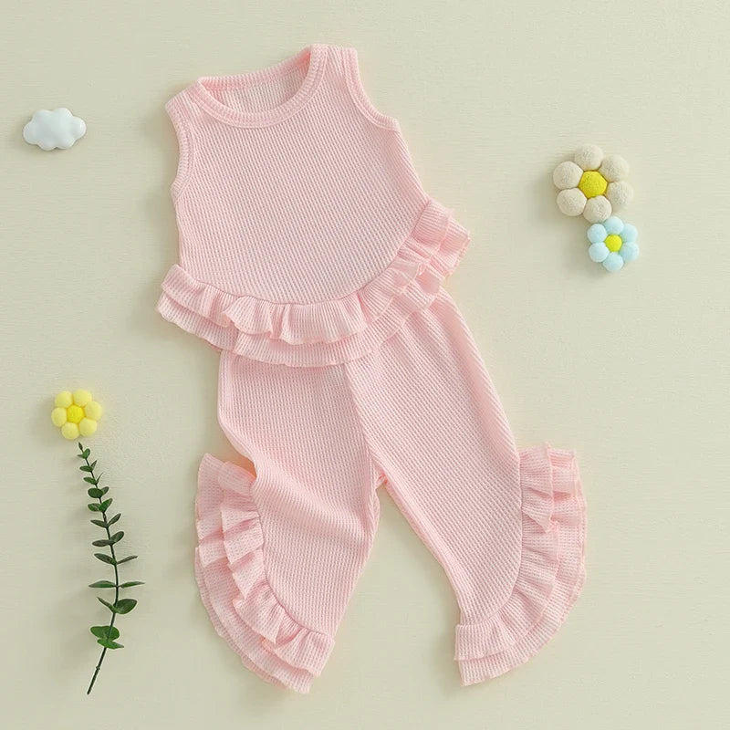 Baby Toddler Girl 2Pcs Summer Outfit Solid Waffle Round Neck Ruffled Tank Top with Long Pants Set