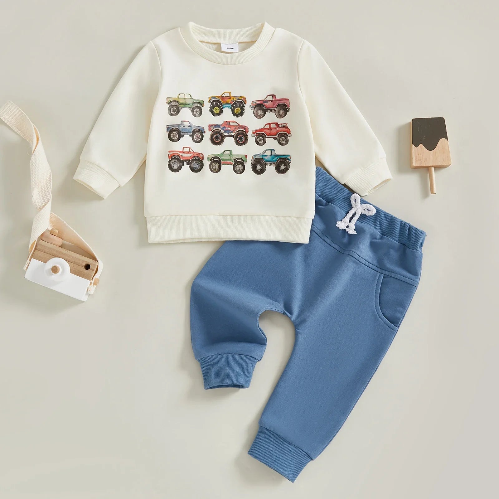 Baby Toddler Boys 2Pcs Fall Outfits Retro Truck Print Long Sleeve Sweatshirts and Long Pants Jogger Set