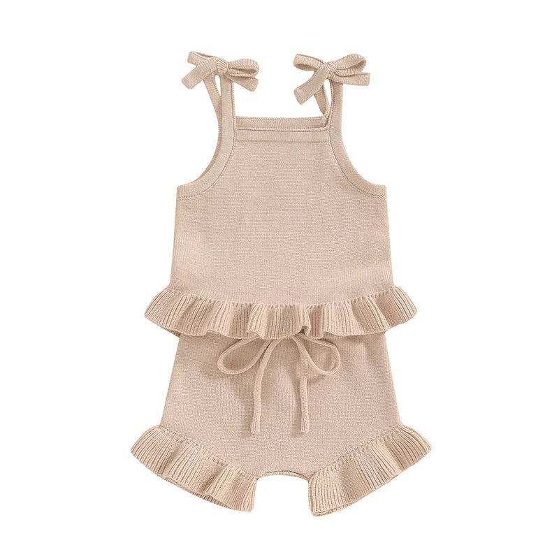 Baby Girl 2Pcs Outfits Knit Solid Color Sleeveless Cami Tank Top Tie with Elastic Waist Shorts Outfit Set
