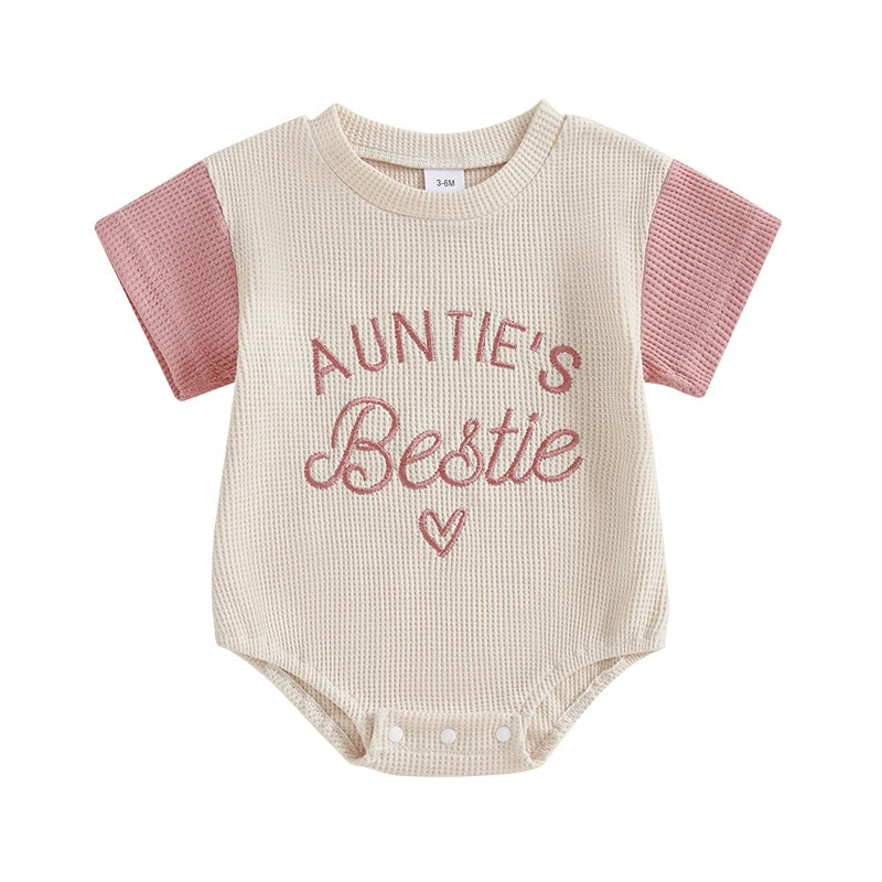 Baby Girl Auntie's Bestie Romper Contrast Color Letter Embroidery Waffle Crew Neck Short Sleeve Jumpsuit