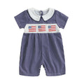 Baby Girl 4th of July Romper Smocked Plaid Pattern American Flag Embroidery Ruffled Doll Collar Short Sleeve Jumpsuit