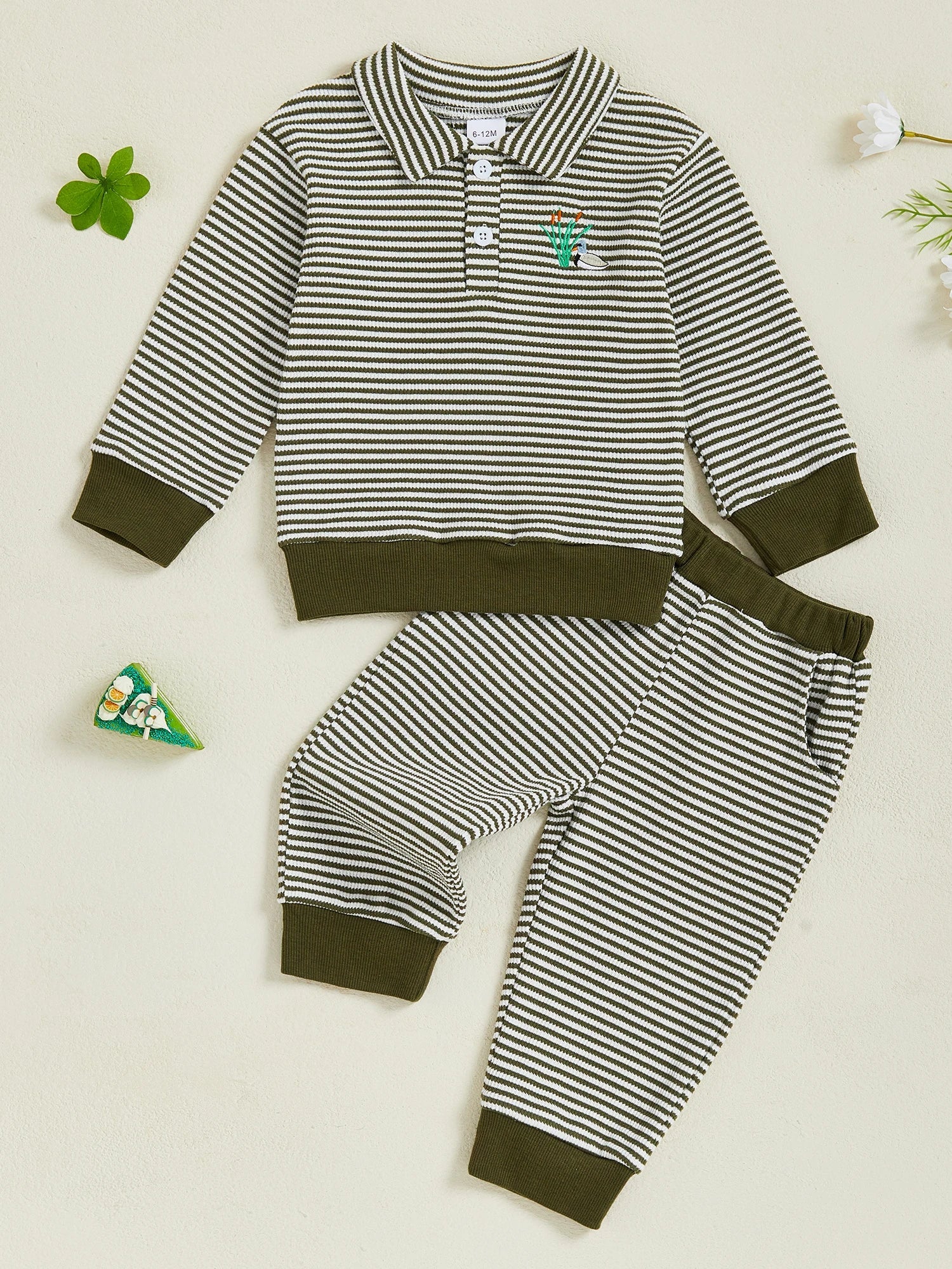 Baby Toddler Boys 2Pcs Long Sleeve Embroidery Duck Top with Striped Pants Infant Clothes Set