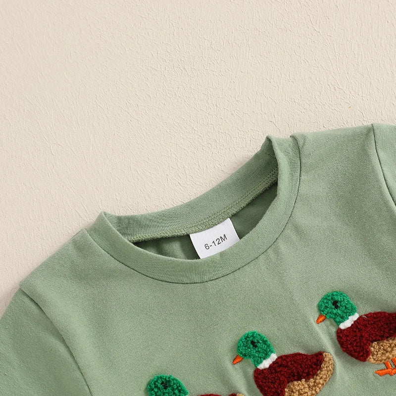 Baby Toddler Boys 2Pcs Outfit Summer Spring Duck Embroidery Short Sleeve T-Shirt Top and Elastic Waist Jogger Pants Set