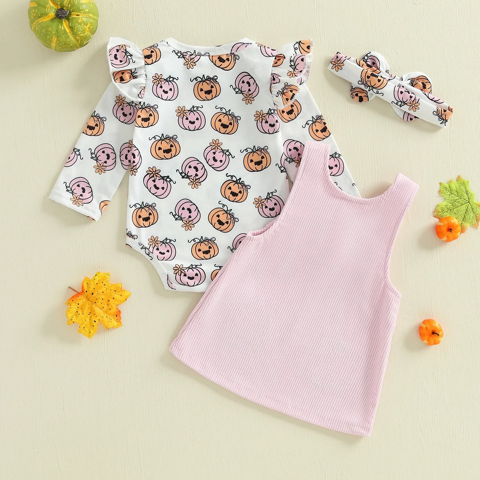 Baby Girls 3Pcs Halloween Outfit Pumpkin Print Long Sleeves Romper and Overall Tank Dress Bow Headband Set