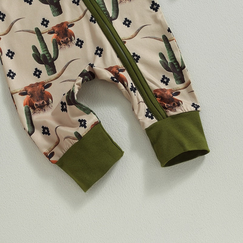 Baby Boys Girls Jumpsuit Long Sleeve Cow/Horse Print Zipped Autumn Romper Clothes