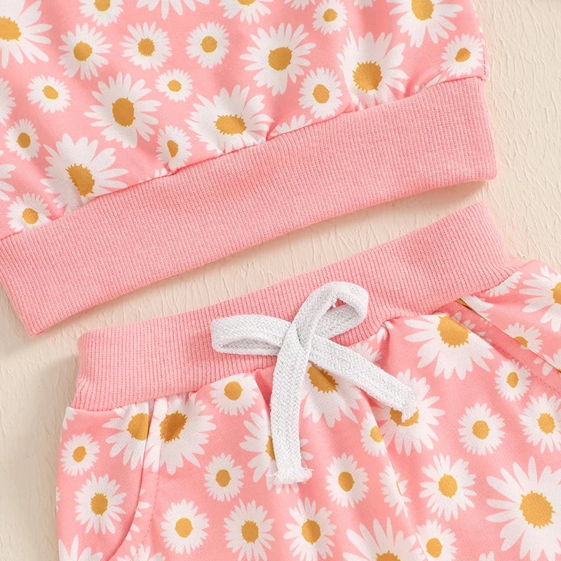 Baby Toddler Girls 2Pcs Fall Outfit Daisy Flower Print Long Sleeve Crewneck Top and Elastic Pants Jogger Set