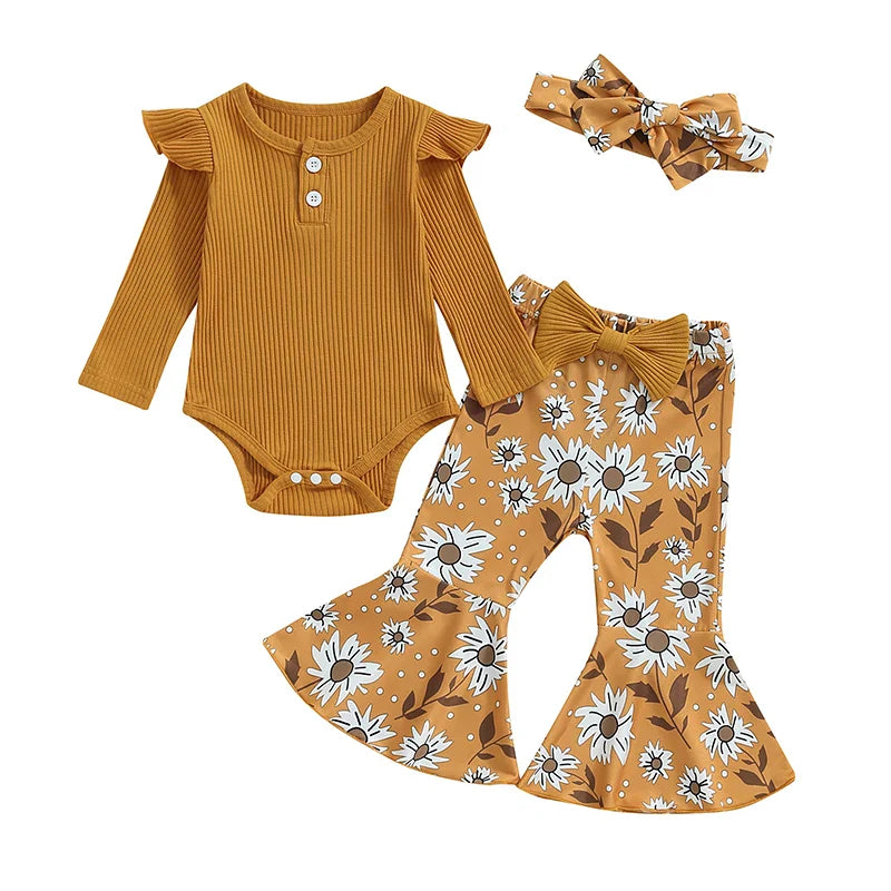 Baby Girls 3Pcs Fall Outfit Ruffle Ribbed Long Sleeve Romper Flower Flare Pants Tie Headband Set