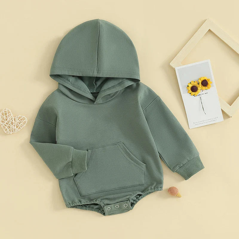 Baby Toddler Boy Girl Hoodie Bubble Romper Pocket Solid Color Long Sleeve