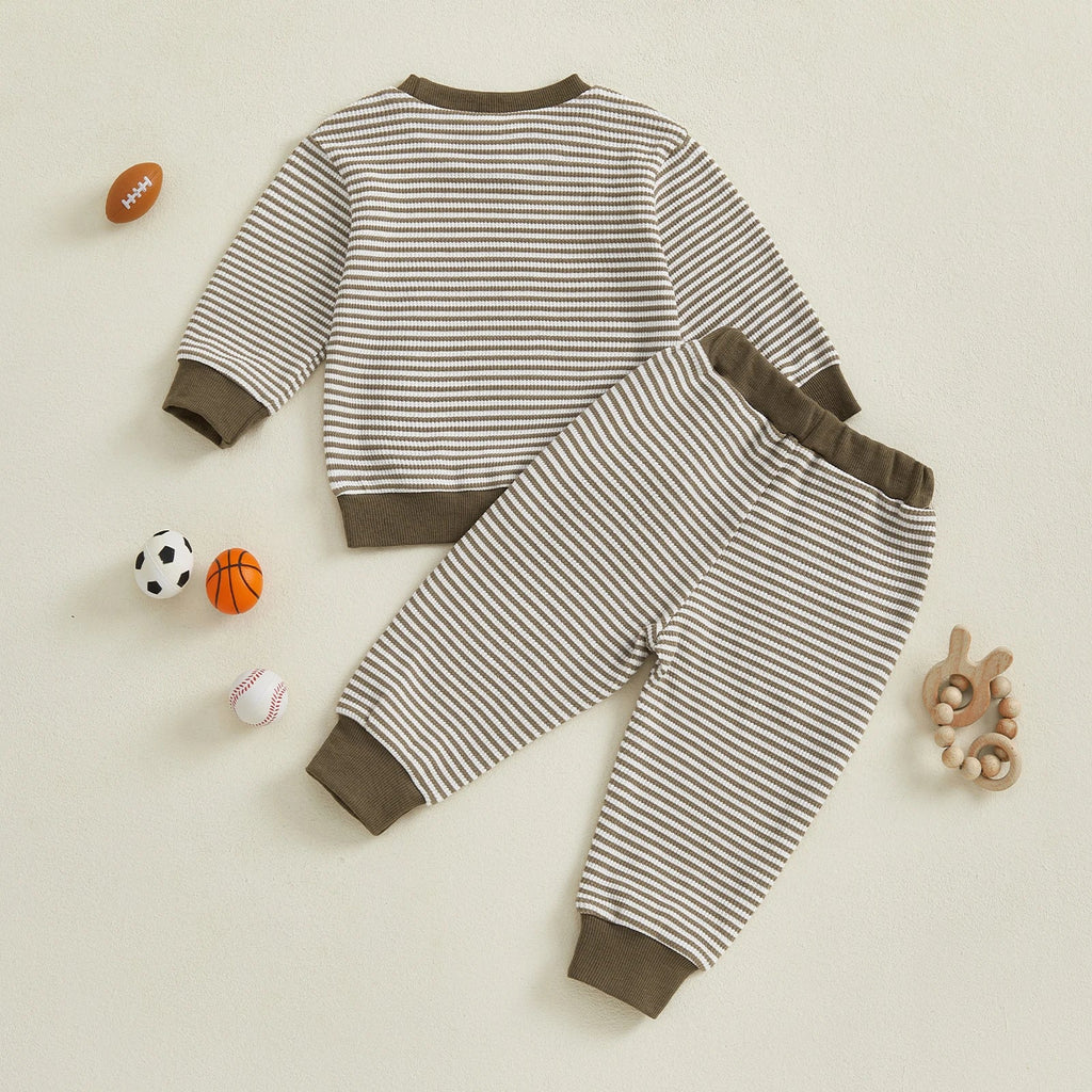 Baby Toddler Boys 2Pcs Fall Outfit Rugby Embroidery Striped Long Sleeve Top and Elastic Pants Clothes Set
