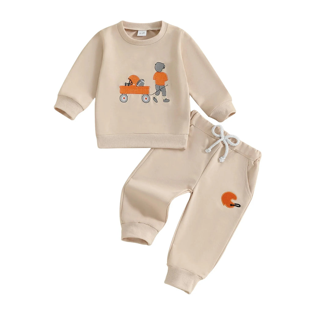 Baby Toddler Boys 2Pcs Autumn Long Sleeve Football Embroidery Top Drawstring Jogger Pants Set