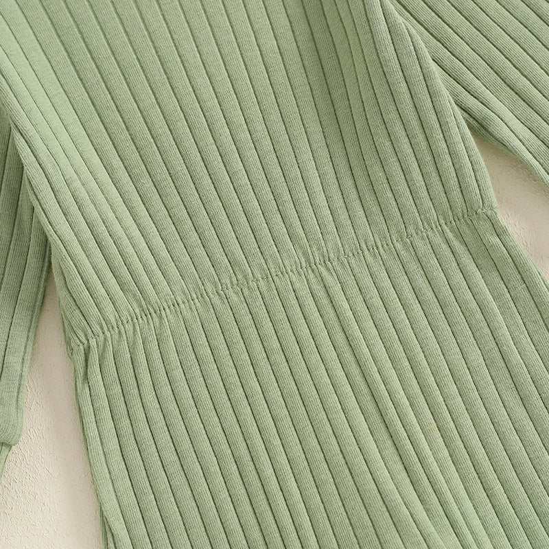 Baby Girls 2Pcs Fall Outfit Long Sleeve Round Neck Ribbed Full Leg Jumpsuit with Headband Set