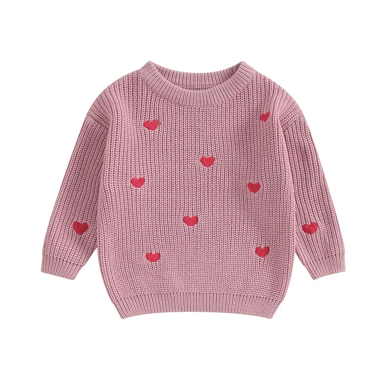 Baby Girl Knit Sweater Heart Embroidery Pullover Valentine's Day Clothes Top
