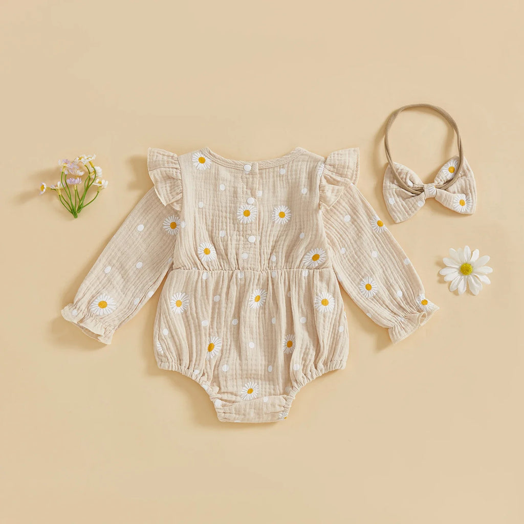 Baby Girl Fall Bubble Romper Daisy Print Long Sleeve Round Neck Bow Jumpsuit with Headband
