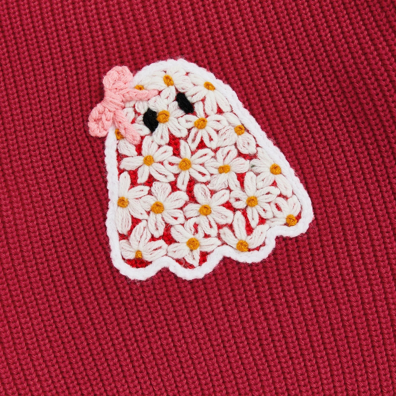 Baby Toddler Kids Girl Halloween Sweater Long Sleeve Round Neck Ghost Flower Embroidery Knit Pullover Top