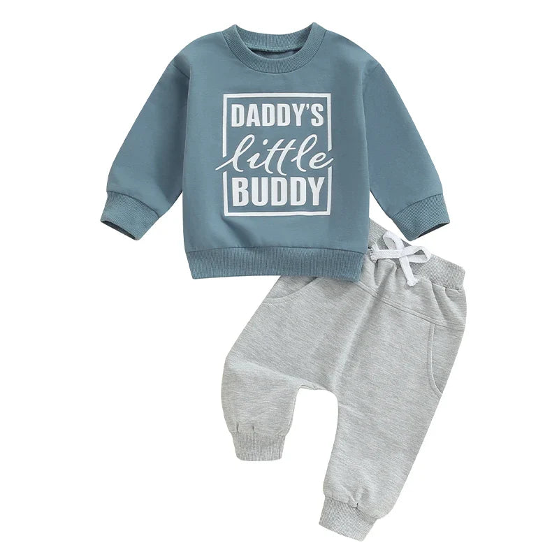 Baby Toddler Boys 2Pcs Daddy's Little Buddy Fall Outfit Letter Print Long Sleeve Round Neck Top and Solid Color Pants Set