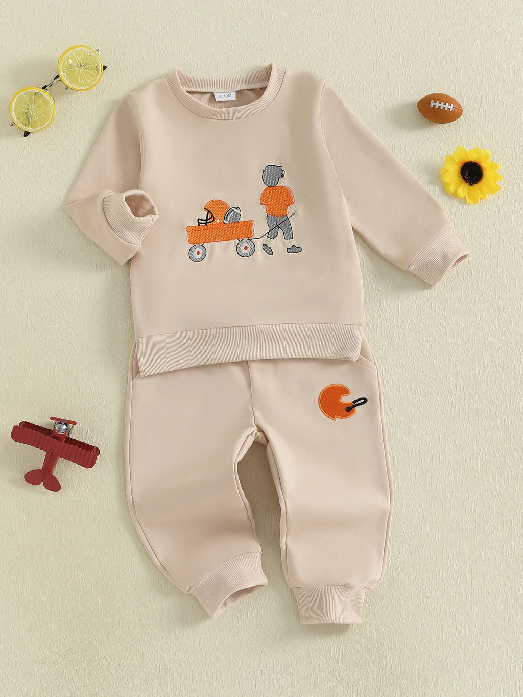 Baby Toddler Boys 2Pcs Autumn Long Sleeve Football Embroidery Top Drawstring Jogger Pants Set