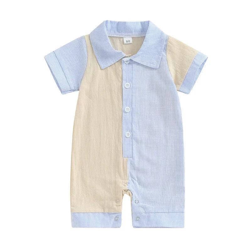 Baby Boy Jumpsuit Summer Short Sleeve Lapel Collar Stripes Contrast Color Print Romper Playsuit