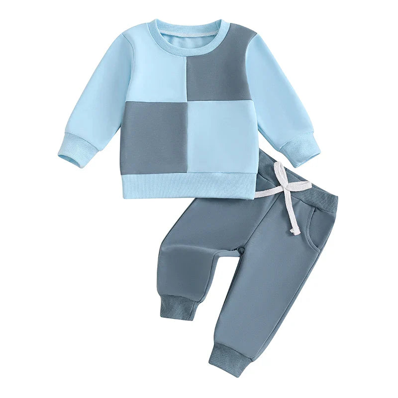 Baby Toddler Boys 2Pcs Fall Outfit Long Sleeve Contrast Color Crewneck Top + Solid Pants Set