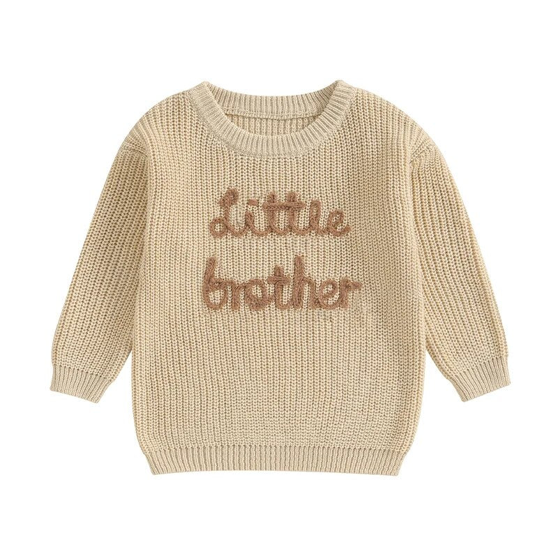 Baby Boys Sweater Letter Embroidery Little Brother Crew Neck Long Sleeve Pullover Top