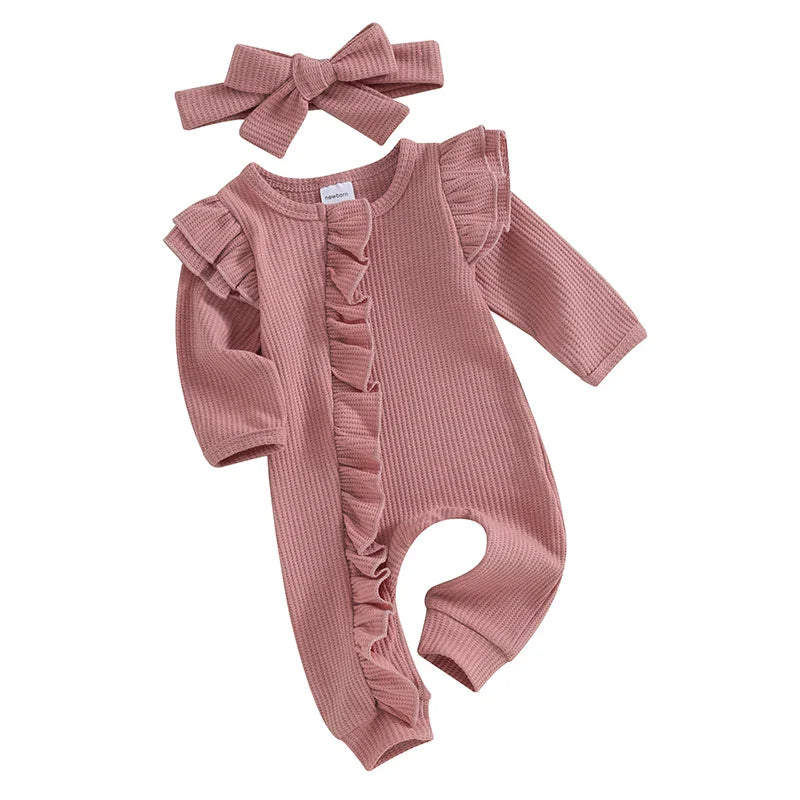 Baby Girl 2Pcs Clothes Ruffle Zipper Romper Long Sleeve Jumpsuit with Bow Headband