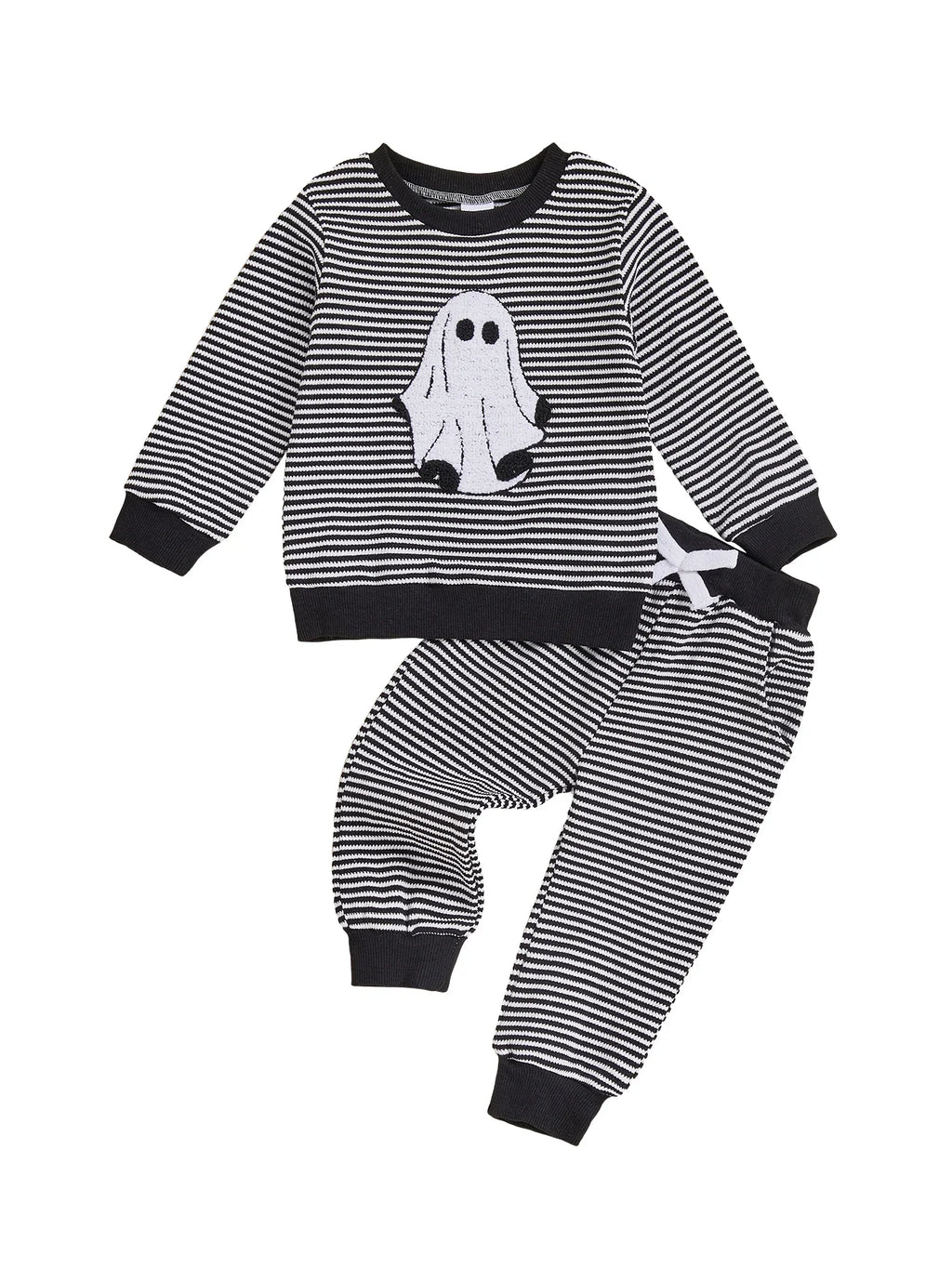 Baby Toddler Boys 2Pcs Halloween Outfit Ghost Embroidery Striped Long Sleeve Top and Elastic Pants Clothes Set